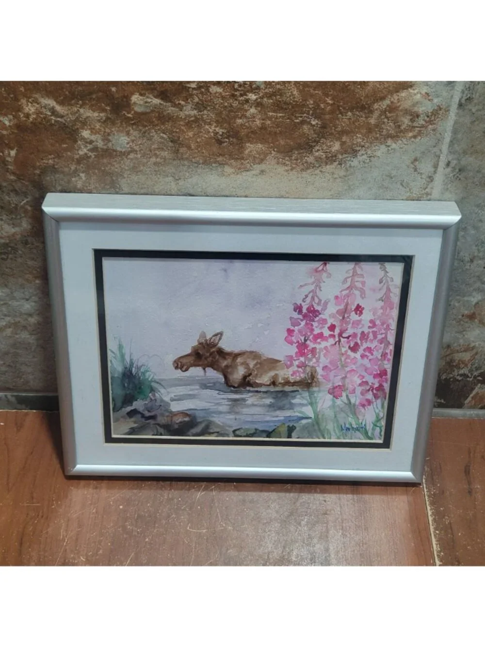 Watercolor Painting Art Print Moose in Water Pink Flower Signed MarLynk